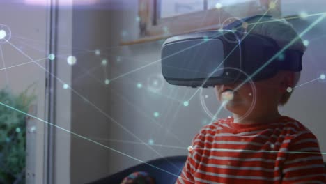 Animation-of-network-of-connections-over-caucasian-boy-using-vr-headset