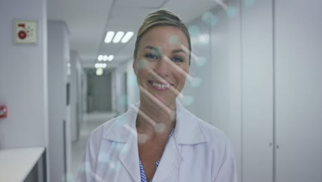 Animation-of-dna-chain-over-happy-caucasian-female-doctor-looking-at-camera