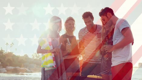 Animation-of-flag-of-usa-over-diverse-group-of-friends-drinking-beer-outdoors