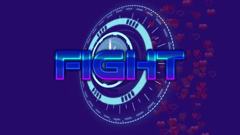 Animation-of-fight-text-over-scope-scanning-and-hearts-on-blue-background