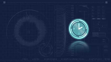 Animation-of-clock-data-processing-and-map-on-navy-background