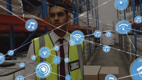 Animation-of-network-of-connections-over-warehouse-worker