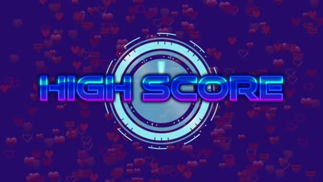 Animation-of-high-score-text-over-scope-scanning-and-heart-icons-on-blue-background