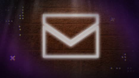 Animation-of-neon-mail-icon-with-diverse-shapes-on-brown-background