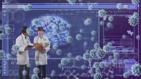 Animation-of-viruses-cells-falling-and-data-processing-over-medical-staff