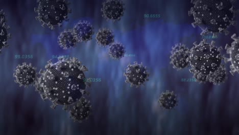 Animation-Von-Covid-19-Viruszellen-über-Die-Datenverarbeitung-Auf-Grauem-Hintergrund