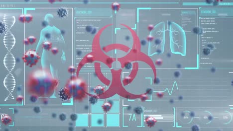 Animation-Von-Covid-19-Viruszellen-Und-Biogefährdungssymbol-über-Der-Datenverarbeitung-Auf-Grauem-Hintergrund