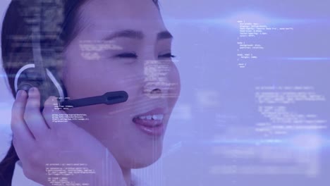 Animation-of-data-processing-over-asian-businesswoman-wearing-phone-headset
