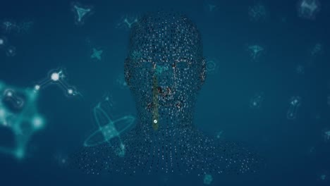 Animation-of-molecules-floating-over-human-head-model-and-navy-background