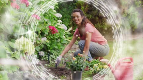 Animation-of-white-circles-spinning-and-glowing-spots-over-happy-biracial-woman-gardening