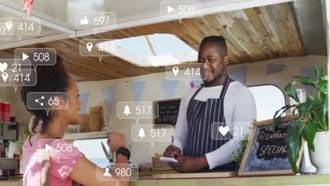 Animation-of-social-media-icons-and-numbers-over-african-american-man-and-woman-in-food-truck