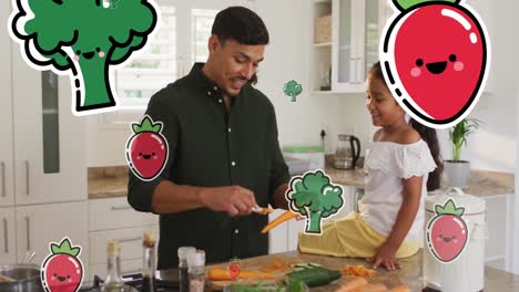 Animation-of-food-icons-over-biracial-family-in-kitchen