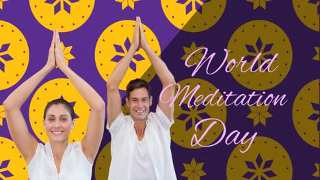 Animation-of-world-meditation-day-text-with-diverse-couple-meditating-on-blue-background