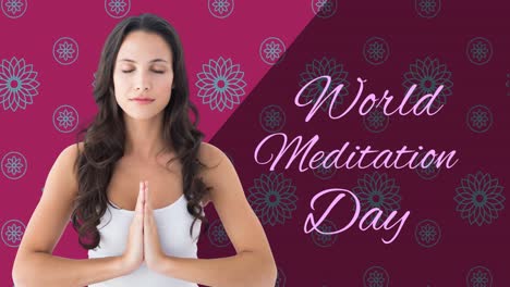 Animation-of-world-meditation-day-text-with-caucasian-woman-meditating-on-purple-background