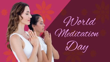 Animation-of-world-meditation-day-text-with-diverse-women-meditating-on-red-background