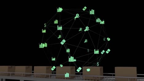 Animation-of-network-of-connections-with-digital-icons-over-cardboard-boxes-on-conveyor-belt