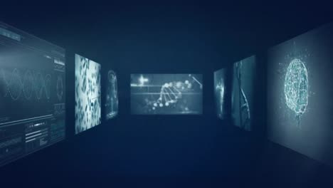 Animation-of-diverse-scientific-data-on-moving-screens-on-navy-background