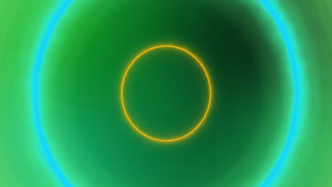 Animation-of-yellow,-blue-and-green-pulsating-neon-circles-on-green-background