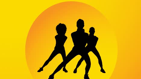 Animation-of-women-exercising-silhouette-on-yellow-background