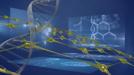 Animation-of-dna-strand-and-data-processing-on-screens-over-blue-background