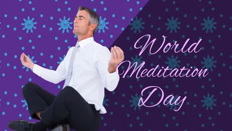 Animation-of-world-meditation-day-text-with-caucasian-man-meditating-on-blue-background