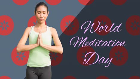 Animation-of-world-meditation-day-text-with-biracial-woman-meditating-on-grey-background