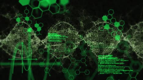 Animation-of-diverse-data-processing-over-green-waves-on-black-digital-background