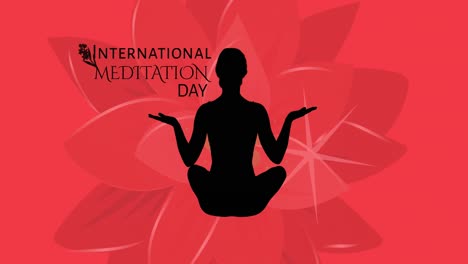Animation-of-international-meditation-day-text-with-woman-meditating-silhouette-on-red-background