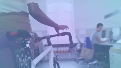 Animation-of-glowing-light-trails-over-african-american-woman-arriving-to-office-with-bike