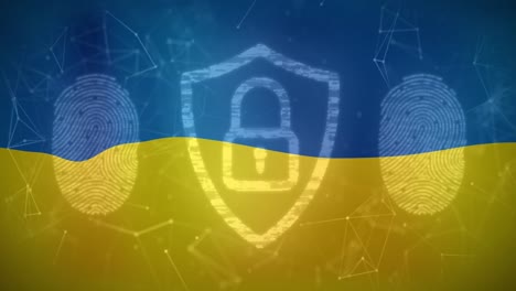 Animation-of-fingerprints-and-shield-with-padlock-over-flag-of-ukraine
