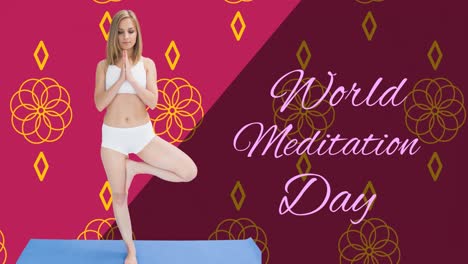 Animation-of-world-meditation-day-text-with-caucasian-woman-meditating-on-red-background
