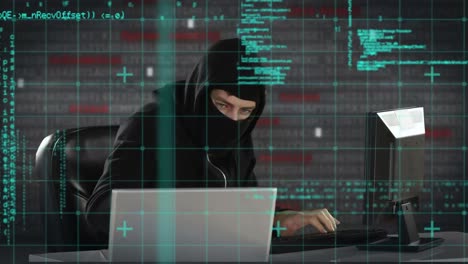 Animation-Der-Datenverarbeitung-über-Einem-Kaukasischen-Männlichen-Hacker,-Der-Einen-Laptop-Verwendet