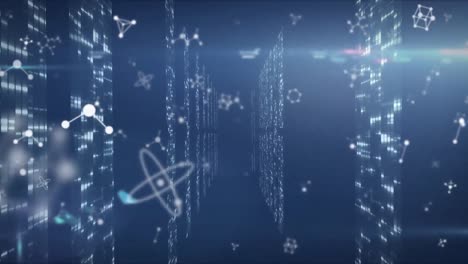 Animation-Von-Molekülen-über-Vielfältige-Datenverarbeitung-Auf-Marineblauem-Hintergrund