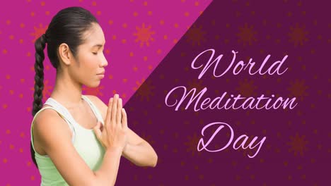 Animation-of-world-meditation-day-text-with-biracial-woman-meditating-on-purple-background