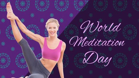 Animation-of-world-meditation-day-text-with-caucasian-woman-stretching-on-purple-background