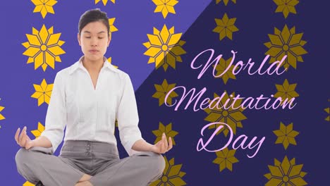 Animation-of-world-meditation-day-text-with-biracial-woman-meditating-on-blue-background