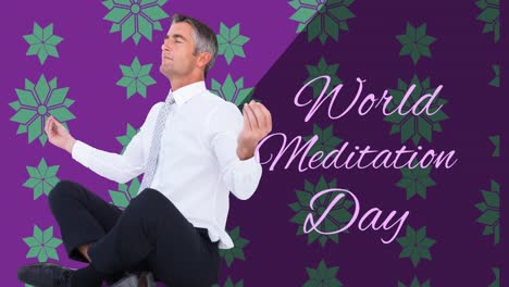 Animation-of-world-meditation-day-text-with-caucasian-man-meditating-on-purple-background