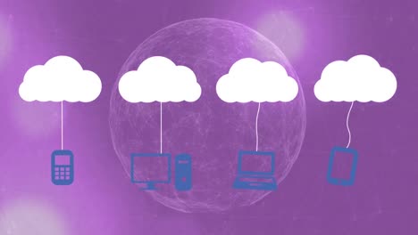 Animación-De-Nubes-Con-Dispositivos-Tecnológicos-Sobre-El-Globo-Sobre-Fondo-Violeta