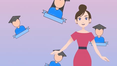 Animation-Einer-Frau,-Die-über-Studentensymbole-Spricht