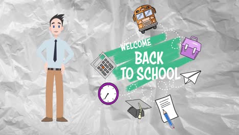 Animation-of-man-talking-over-welcome-back-to-school-text