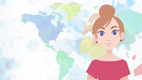 Animation-of-woman-talking-over-globe-and-school-icons