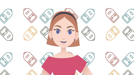 Animation-of-woman-talking-over-school-bag-icons