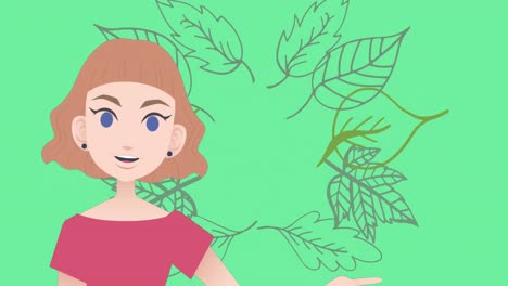Animation-of-woman-talking-over-leaf-icons