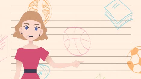 Animation-Einer-Frau,-Die-über-Schulsymbole-Spricht
