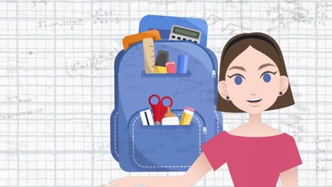 Animation-of-woman-talking-over-school-bag-icon