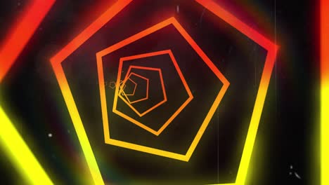 Animation-Eines-Leuchtenden-Neonroten-Und-Gelben-Abstrakten-Tunnels,-Der-Sich-Auf-Schwarzem-Hintergrund-Bewegt