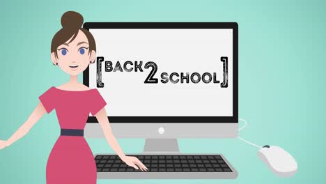 Animation-of-woman-talking-over-computer-and-back-to-school-text