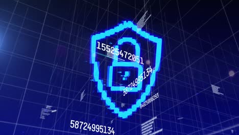 Animation-of-data-processing-over-digital-padlock-and-shield-over-blue-space