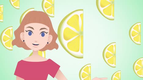 Animation-Einer-Frau,-Die-über-Zitronensymbole-Spricht