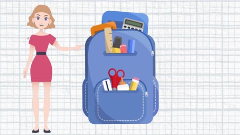 Animation-of-woman-talking-over-school-bag-icon
